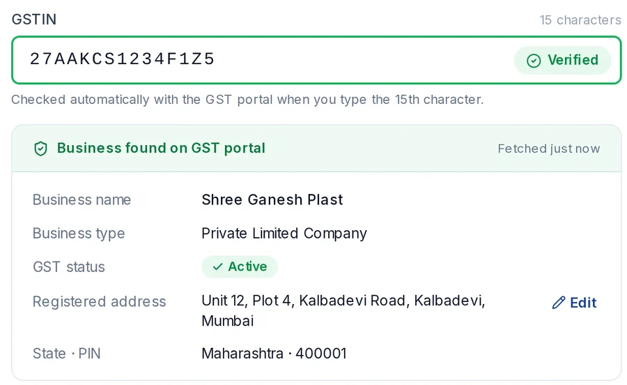 Sign-up Business step: GSTIN 27AAKCS1234F1Z5 marked Verified, and the business found on the GST portal with name, type, Active status, address and state.