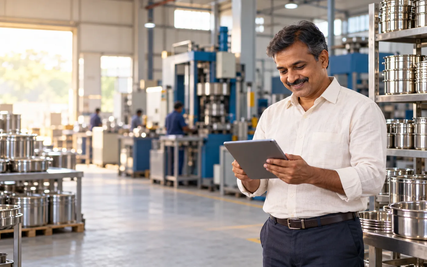 A factory owner checking his partner dashboard on a tablet on the shop floor.