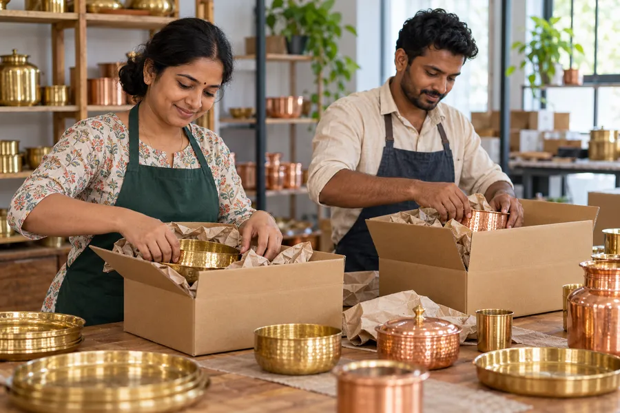 Workers packing brass and copper products into cartons in a workshop.