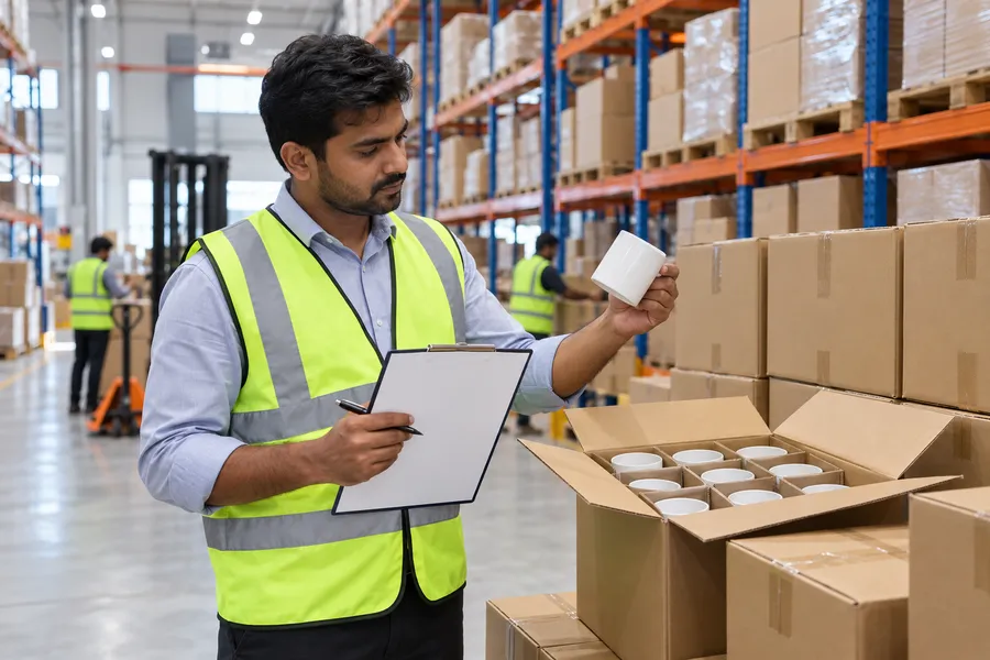 A quality inspector with a clipboard checking cartons in a warehouse.