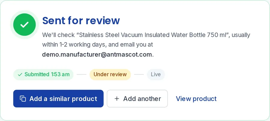 Sent for review: the product was submitted and is under review, with buttons to add a similar product or view it.