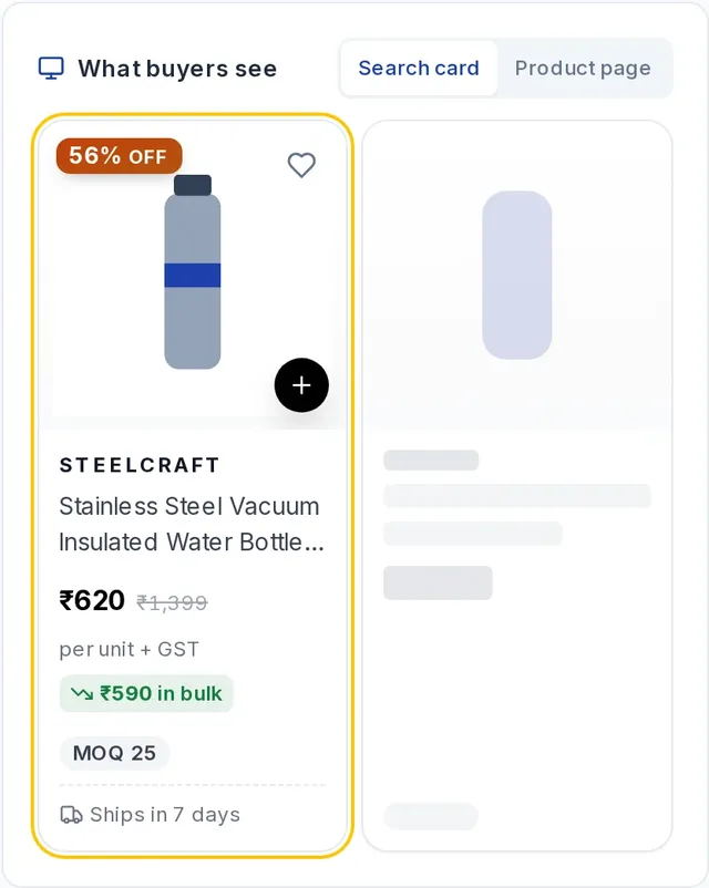 How buyers see it panel: the product as a search result card on antmascot.com next to similar listings, with Live now and Your pending changes tabs.