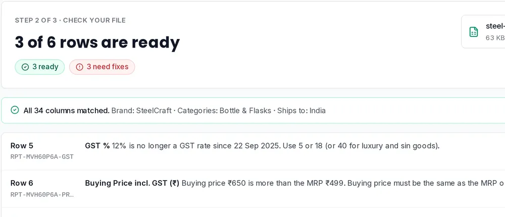 Upload products from Excel, Check your file: 3 of 6 rows are ready, all 34 columns matched, and rows 5, 6 and 7 list a GST rate, a price above MRP and a missing HSN code to fix.