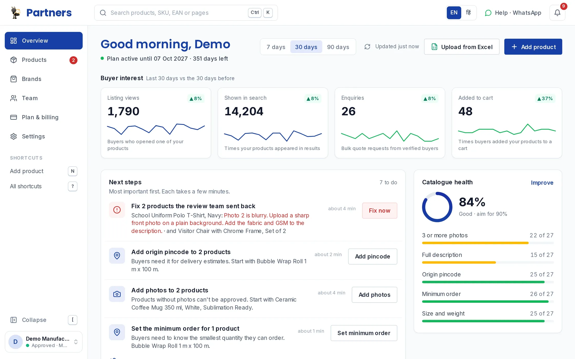 The partner Overview: a greeting with the plan date, four Buyer interest cards (listing views 1,790, shown in search 14,204, enquiries 26, added to cart 48), a ranked Next steps list and an 84% Catalogue health ring.